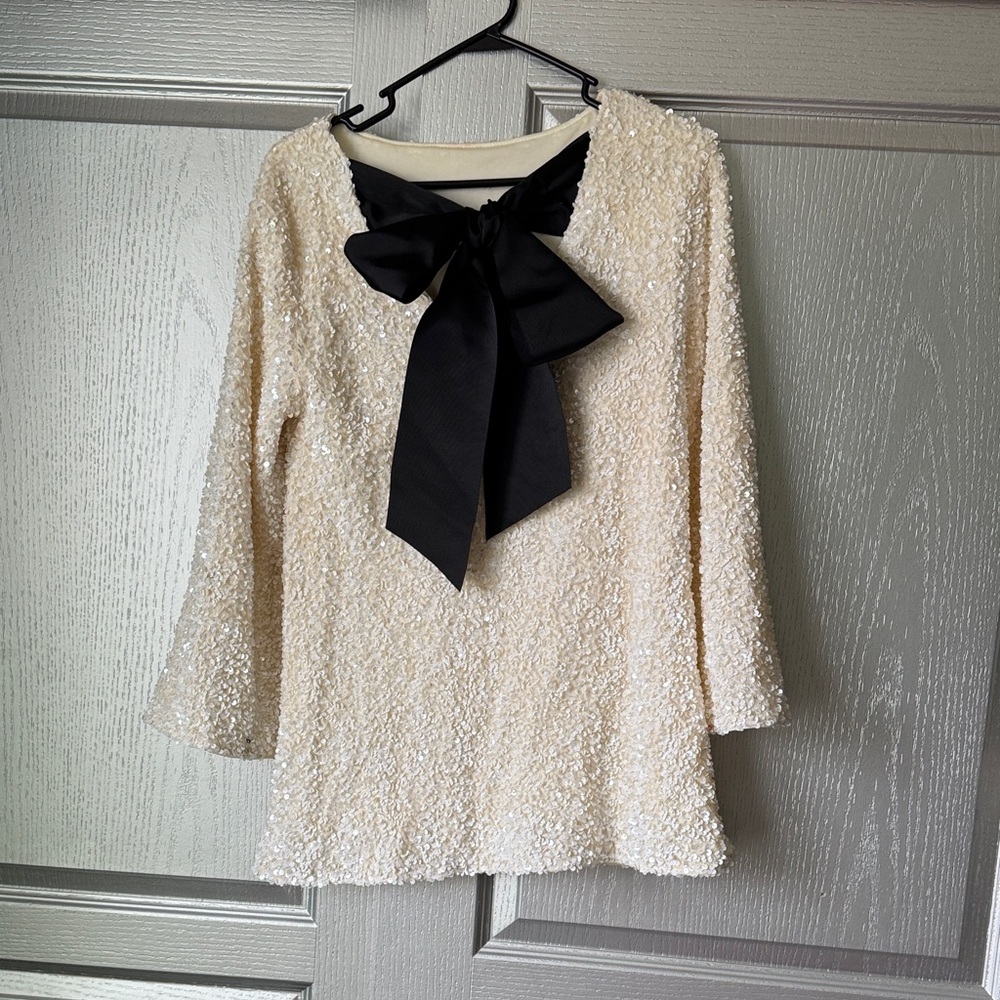 Cream Sequin Bow-Front Top with Black Ribbon